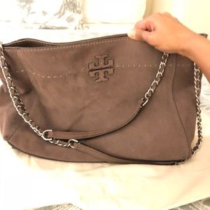 TORY BURCH SUEDE CHAIN-SHOULDER SLOUCHY TOTE TAUPE